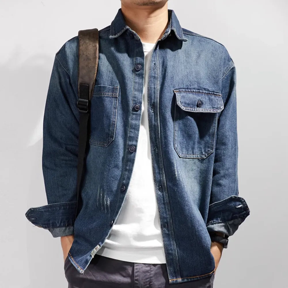 Heavy Duty Denim Shirt for Men with Vintage Style Long Sleeves, Autumn/Winter
