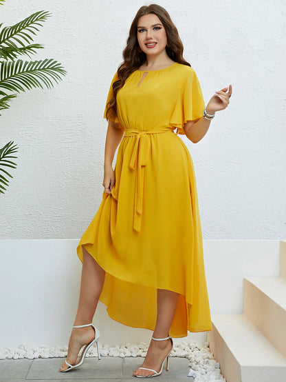 2024 Chiffon Party Dresses For Women Plus Size Summer Solid Color Casual Boho Beach Dress Ruffle Short Sleeve Belted Wrap Dress