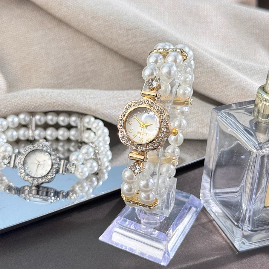 New Elegant Pearl Diamond-Encrusted Elastic Band Watch Vintage Luxury Bracelet Style Convenient for Ladies Quartz Wristwatch