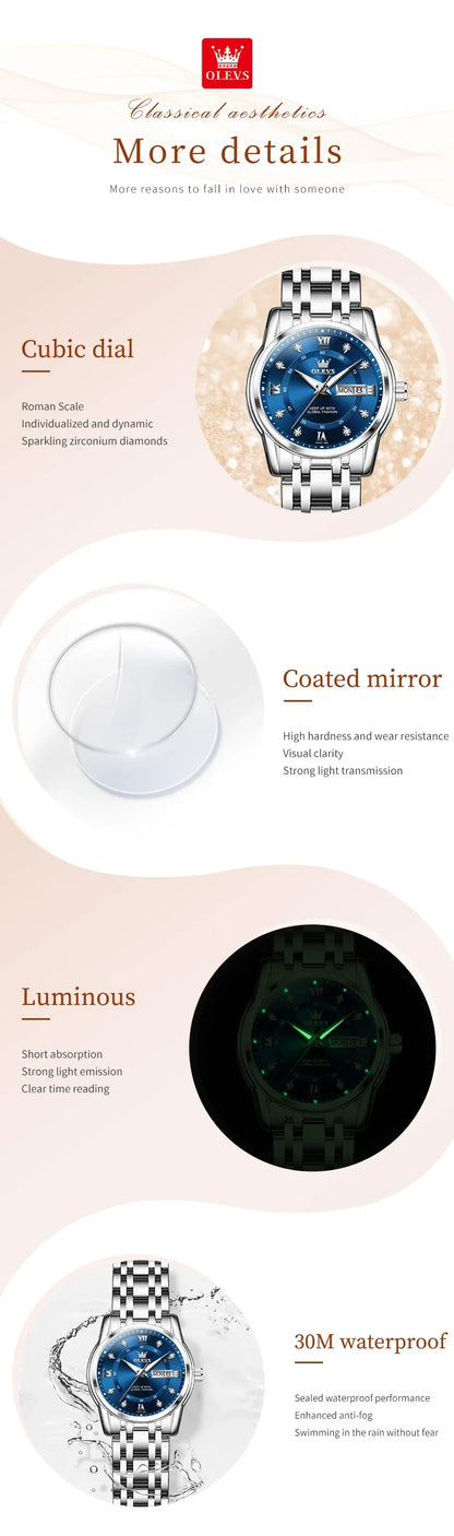 OLEVS 5513 Quartz Watch for Women Diamond Scale Dual Calendar Stainless Steel Strap Waterproof Watch Elegant Ladies Wristwatches