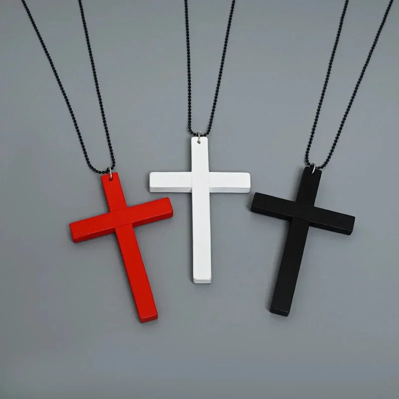 New Gothic Cool Y2K Wood Cross Pendants Necklaces Unisex Black White Red Hip Hop Charm Chain Choker Necklace Fashion Jewelry