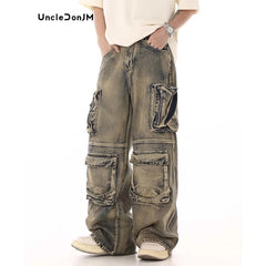 Wasteland Style Multi Pocket Denim Workwear Pants Men's Loose Straight Leg Pants