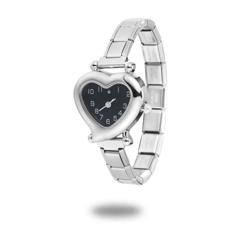 High Quality Fashion DIY 9MM Width Italian Elastic Charm Stainless Heart Shape Watch Bracelet Bangle for Friend Birthday Jewelry