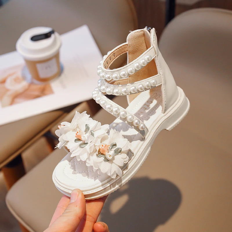 2023 Summer Baby Girls Sandals Beach Holiday Children Shoes High Top Sandals for Kids Pearls Floral Princess Shoes Size 23-36