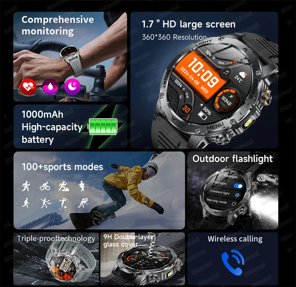 New Men Military Outdoor 1000mAh Battery Smart Watch GPS NFC Watches 3ATM Waterproof Swim 1.7-inch HD Bluetooth Call Smartwatch