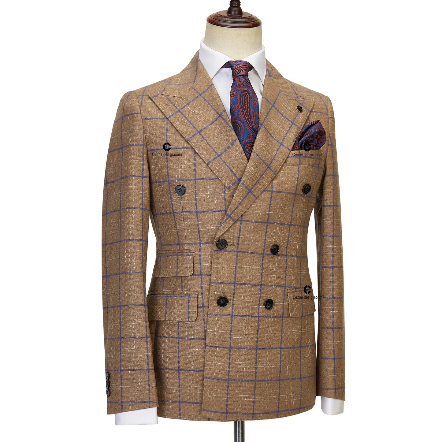 Tuxedo for Mens: Brown Plaid Suits for Men Double Breasted 2 Pcs Set Blazer Jacket