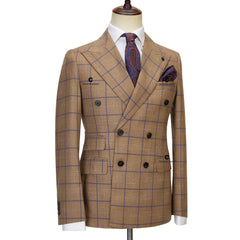 Brown Plaid Suits for Men Double Breasted 2 Pcs Set Blazer Jacket Pants Wedding Party