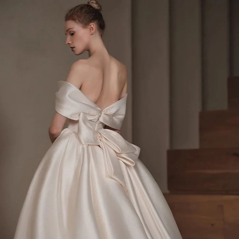 White Bridesmaid Dresses: Off The Shoulder Short Sleeve Neck Beading Bow Satin
