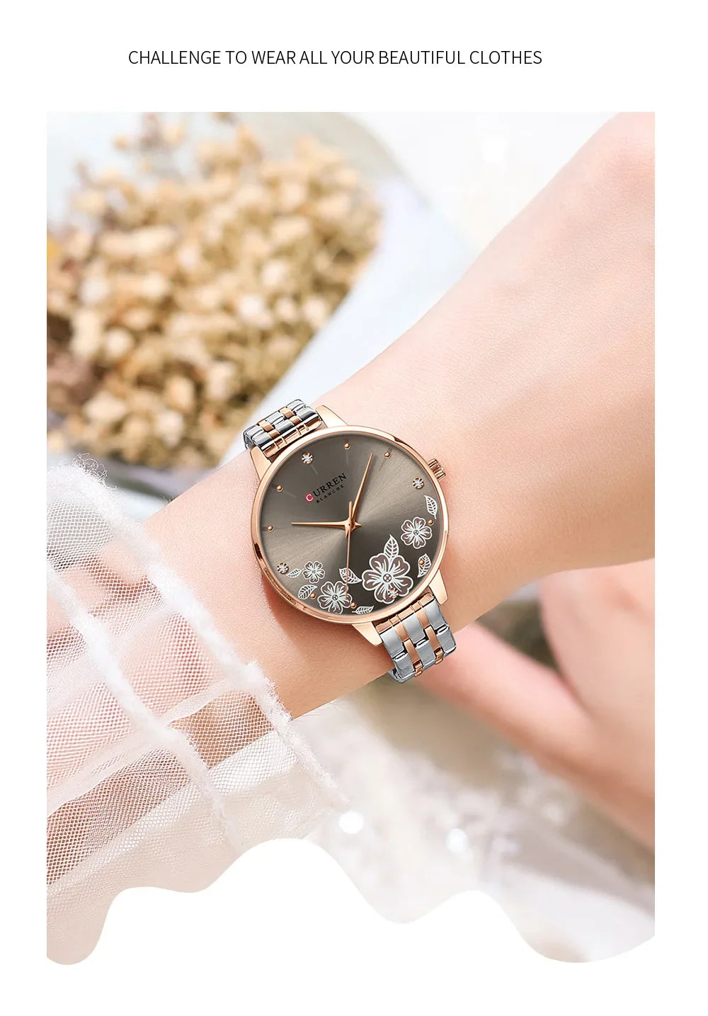 CURREN Fashion Quartz Wristwatches for Women Simple Stainless Steel Watch Bracelet with Flower Design Dial