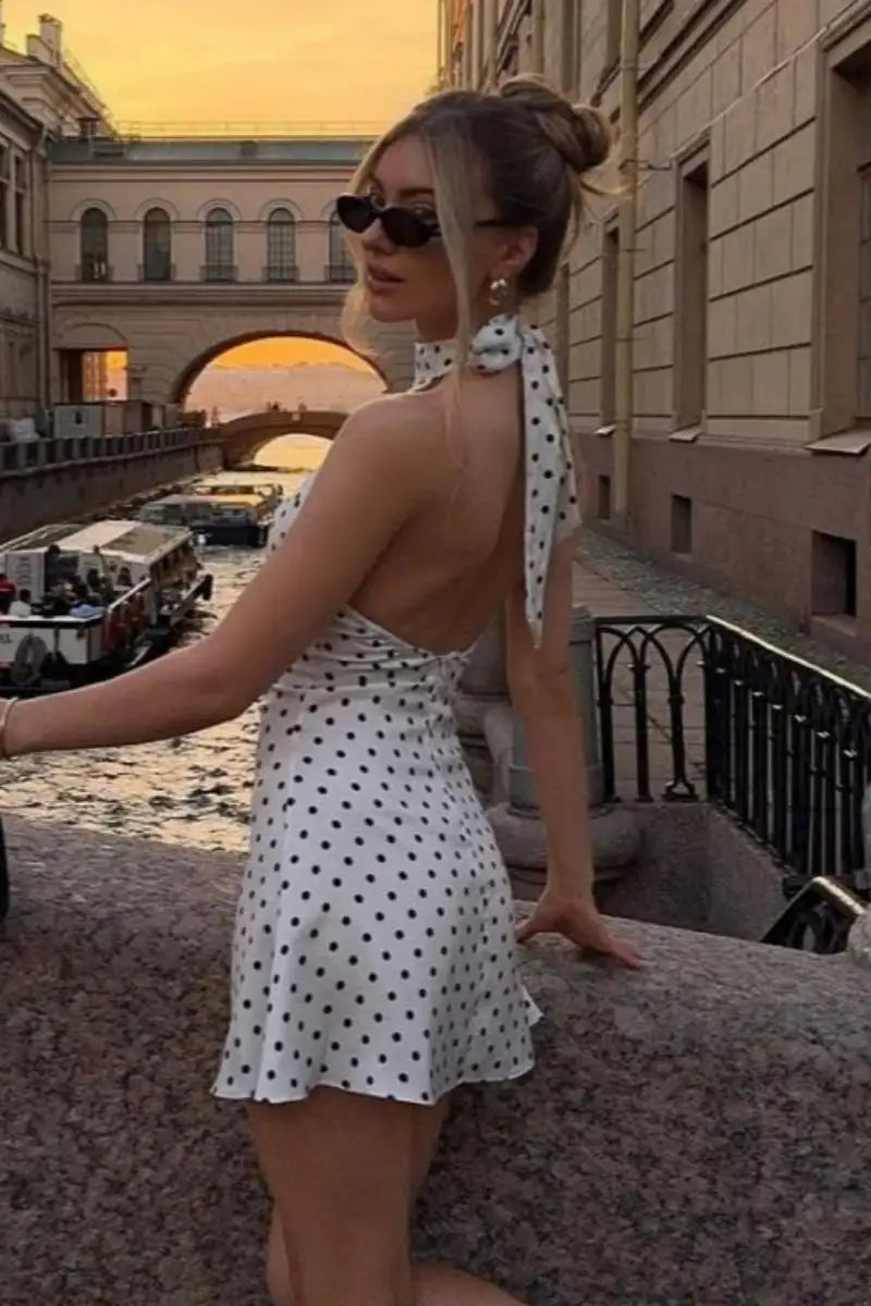 Polka Dot Printed Mini Halter Dress Backless Sleeveless A Line Short Robes Casual Party Vestidos 2025 New Slim Fit Lady Dresses