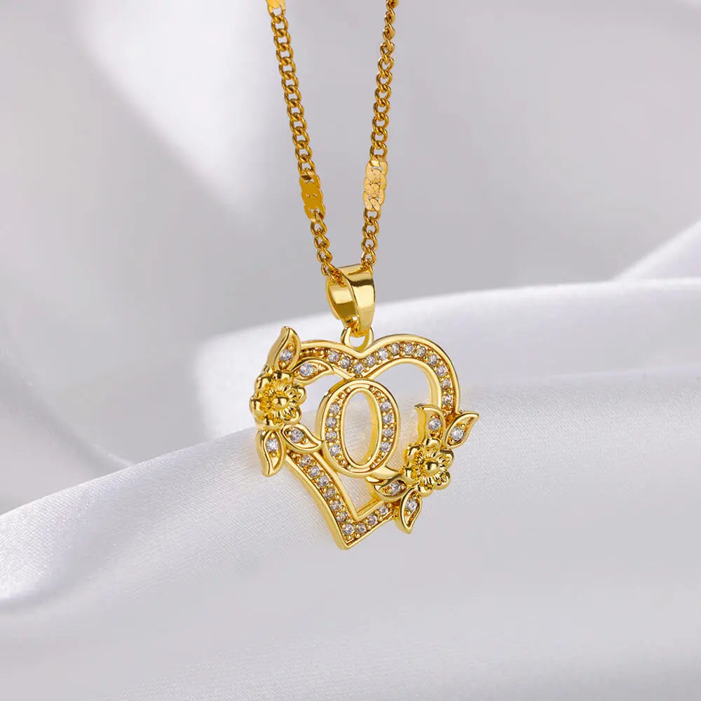 Flower Zircon Initial Heart Pendant Necklaces For Women 2024 Trend Stainless Steel Letter Necklaces Jewelry Best Friend Gifts