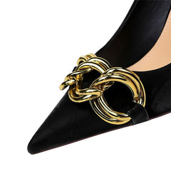Women 7.5cm 9.5cm High Heels Escarpins Pumps Lady Metal Chain Low Heels