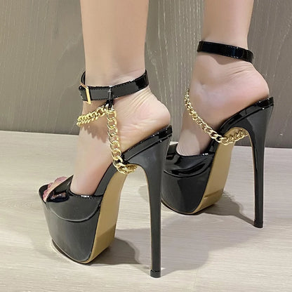 Liyke Summer 16 CM Super High Heels Platform Sandals Women Fashion Open Toe Chain Ankle Strap Ladies Party Stripper Shoes Black