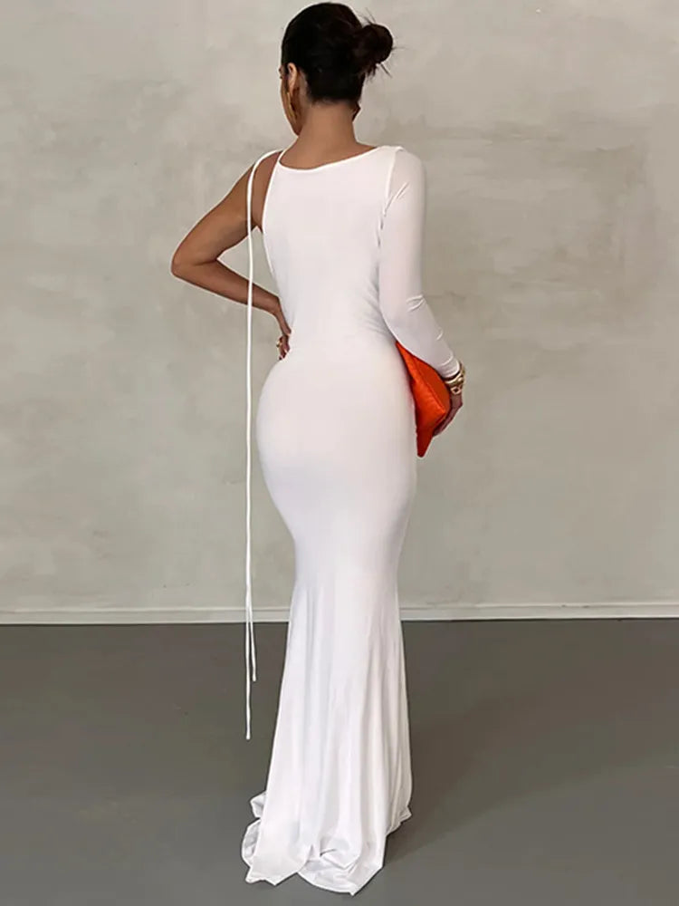 Evening wear Dresses: Lace Up Long Sleeve One Shoulder Maxi Dress For Women