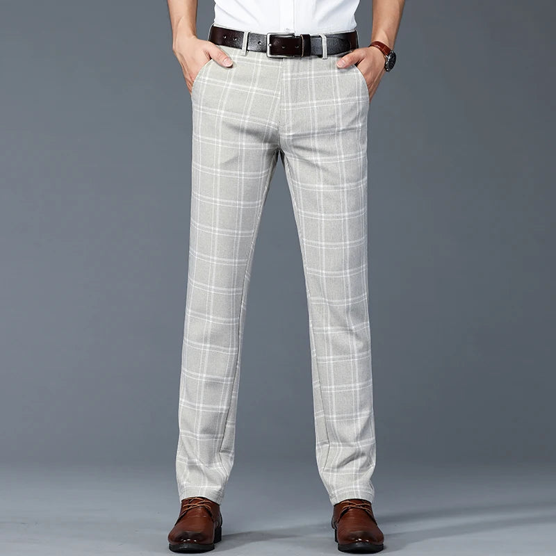 Plaid Work Stretch Pants Men Business Fashion Straight Grey Blue Casual Pant Male