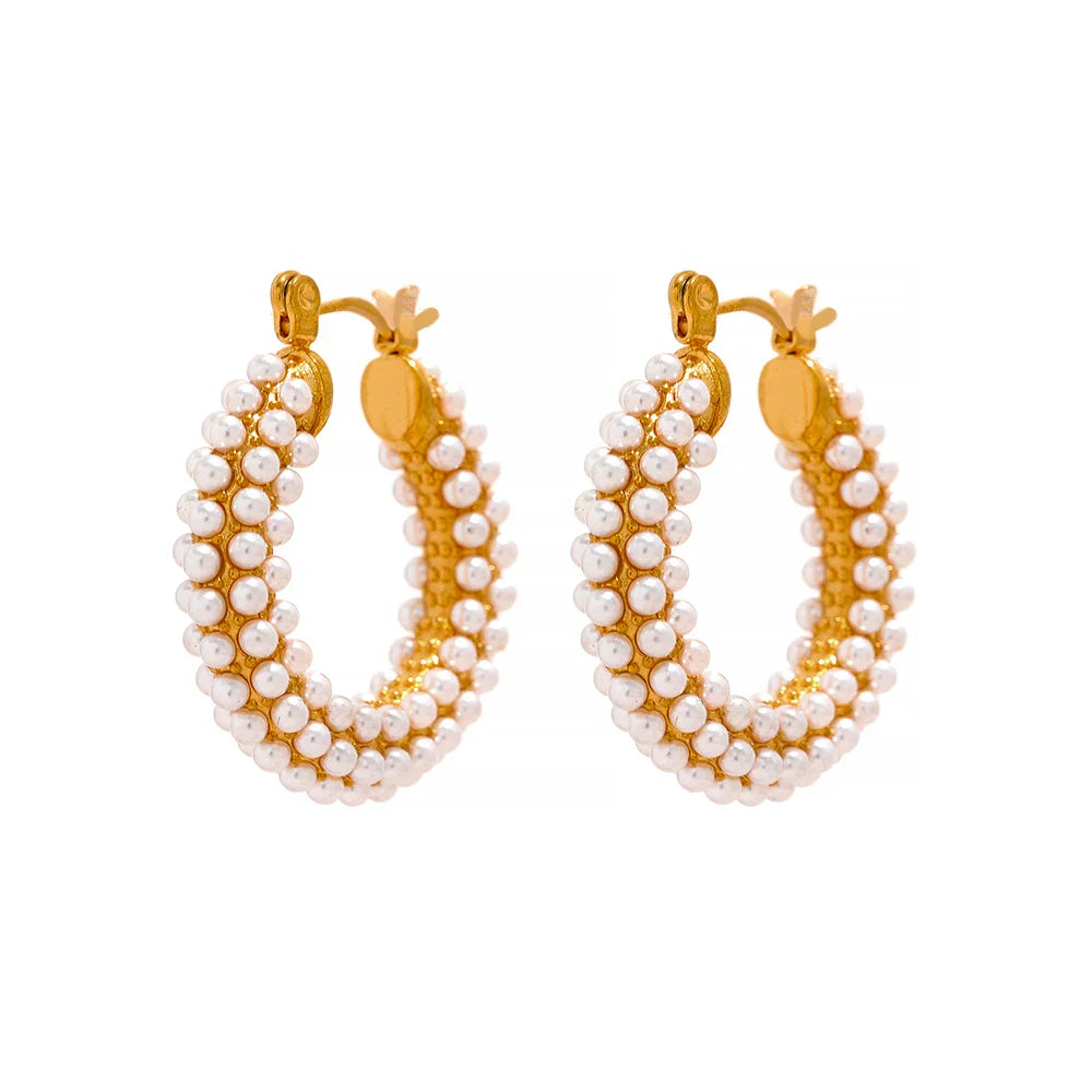 Yhpup Exquisite Luxury Stainless Steel Imitation Pearls Hoop Huggie Earrings Romantic Elegant Fashion Charm Trendy Chic Jewelry