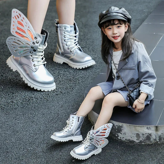 Winter Fashion Butterfly Princess Botas Casual Non-slip Ankle Boots Silver