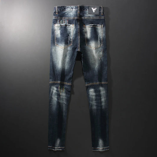 Streetwear Men Jeans Retro Black Blue Elastic Slim Fit Ripped Jeans
