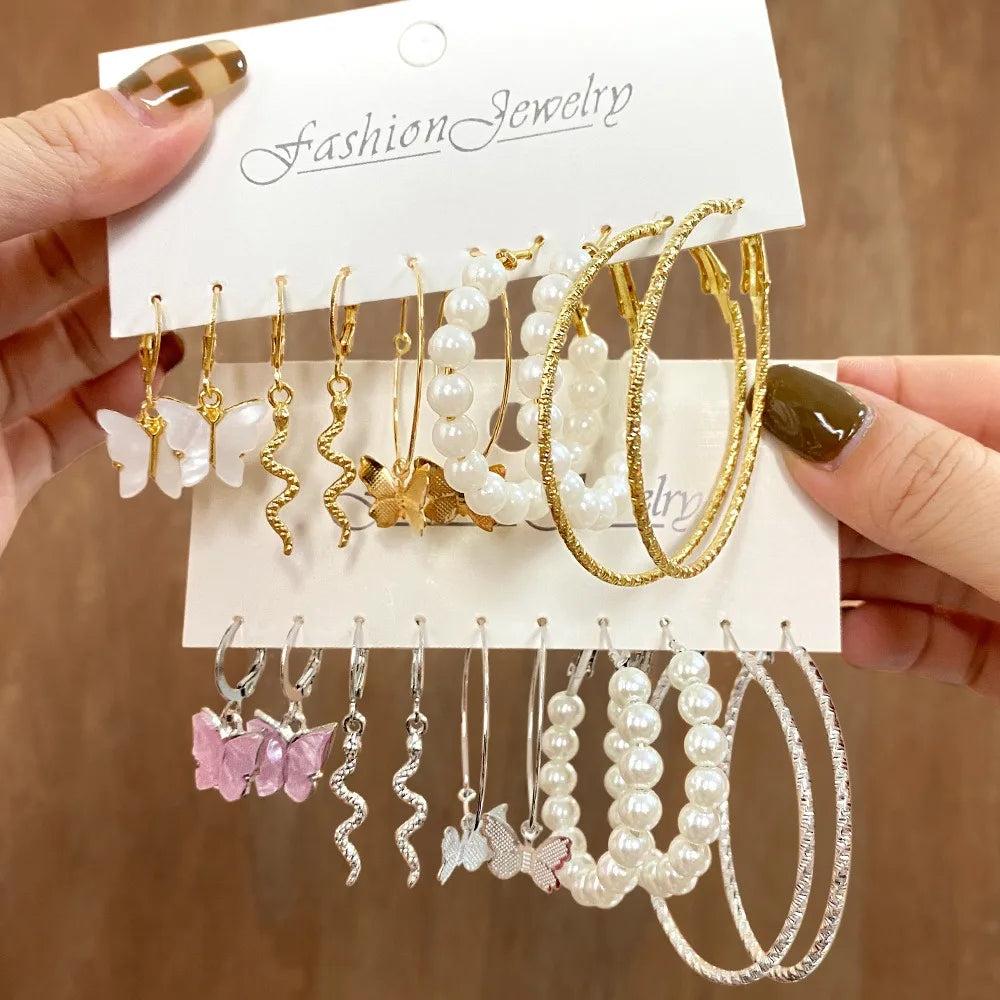5pcs Set Creativity Snake Shape Acrylic Butterfly Pearl Dangle Earring Set for Women Fashion Hoop Earring Jewelry Accessories