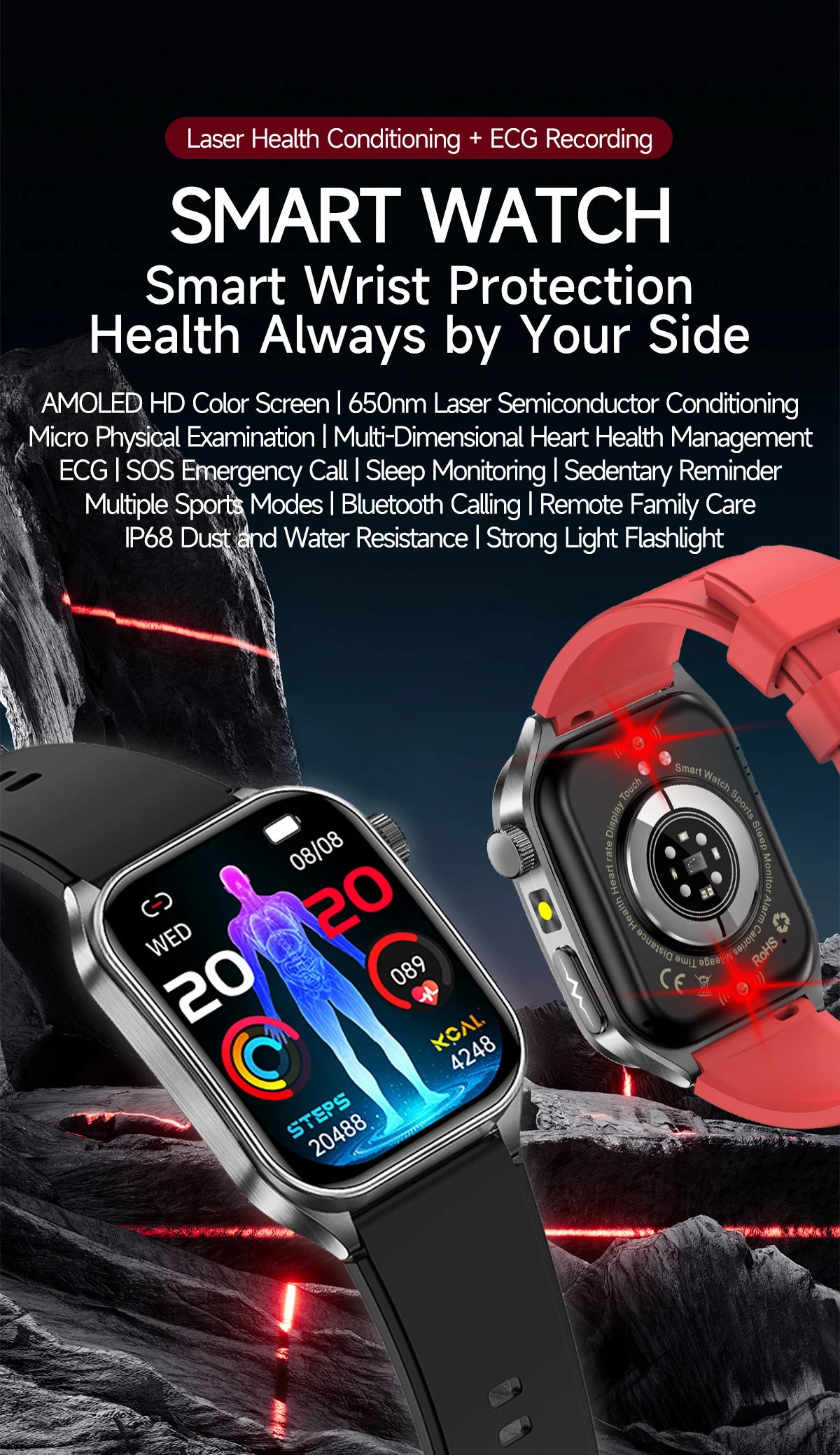 2025 New Blood Pressure 650nm Laser Therapy Diagnosis Smartwatches Men Women Clock Uric Acid Lipid  Heart rate Smart Watch IOS