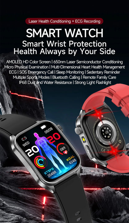 2025 New Blood Pressure 650nm Laser Therapy Diagnosis Smartwatches Men Women Clock Uric Acid Lipid  Heart rate Smart Watch IOS