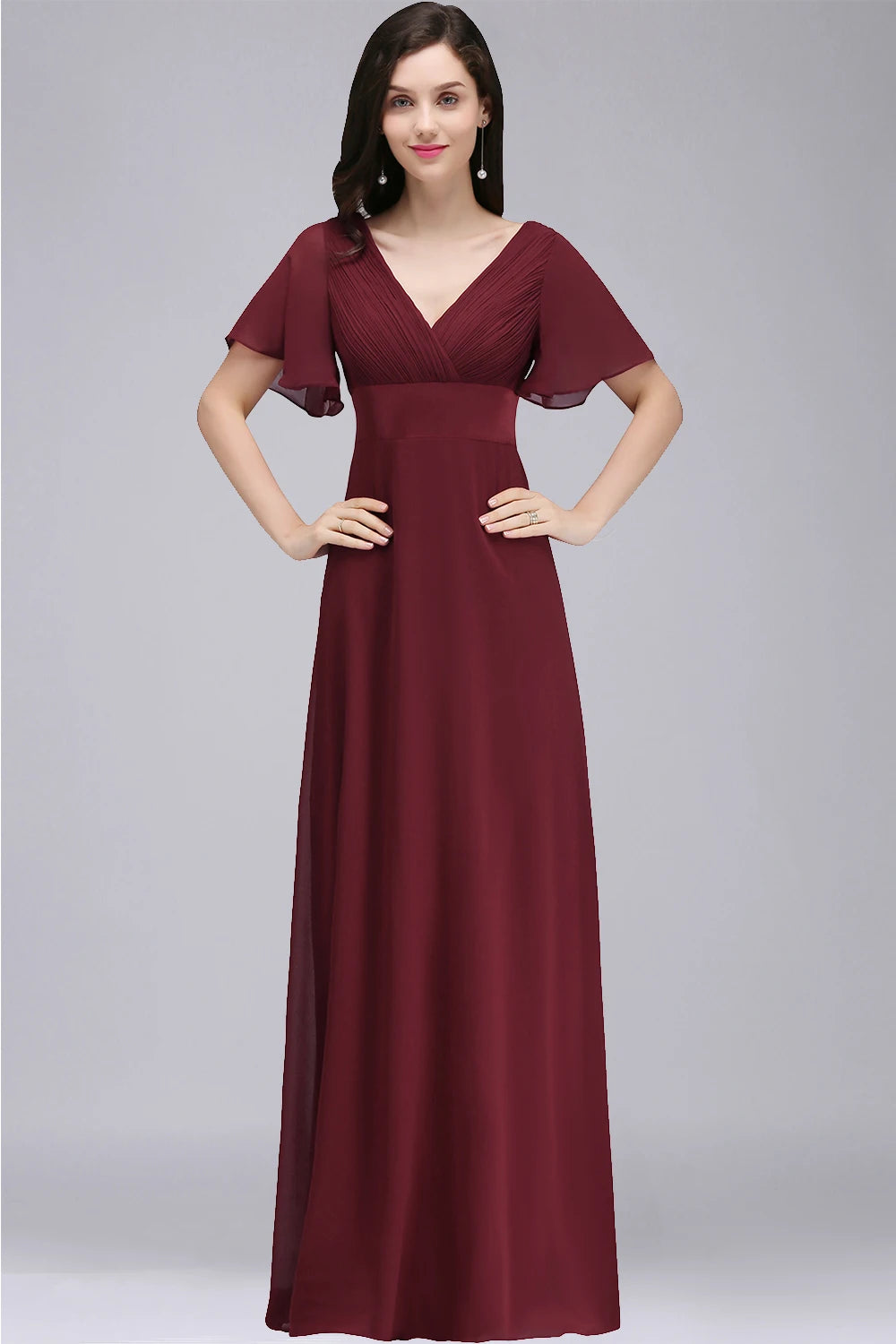 Chiffon Dresses For Prom Dress In Pristine Floor-length Short Sleeves White V-neckline And Sweeping A-line Skirt Zip-up Back