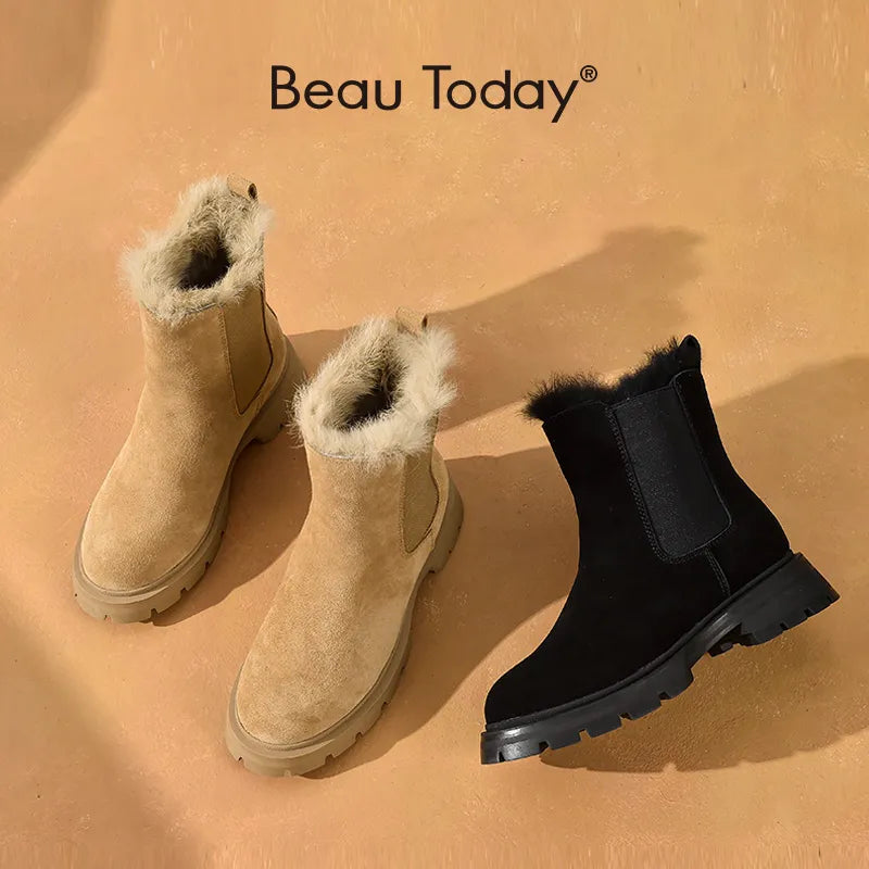 BeauToday Snow Chelsea Boots Women Leather latform Fur Boots Round Toe Ladies