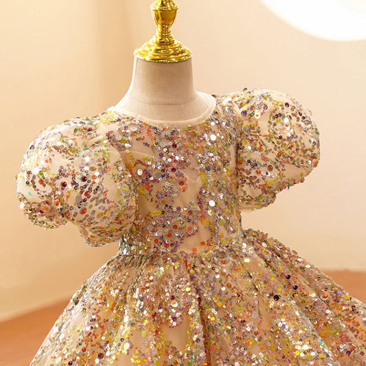 Child Girls Evening Dresses Champagne Gold Luxury Birthday Party Gown Sequin