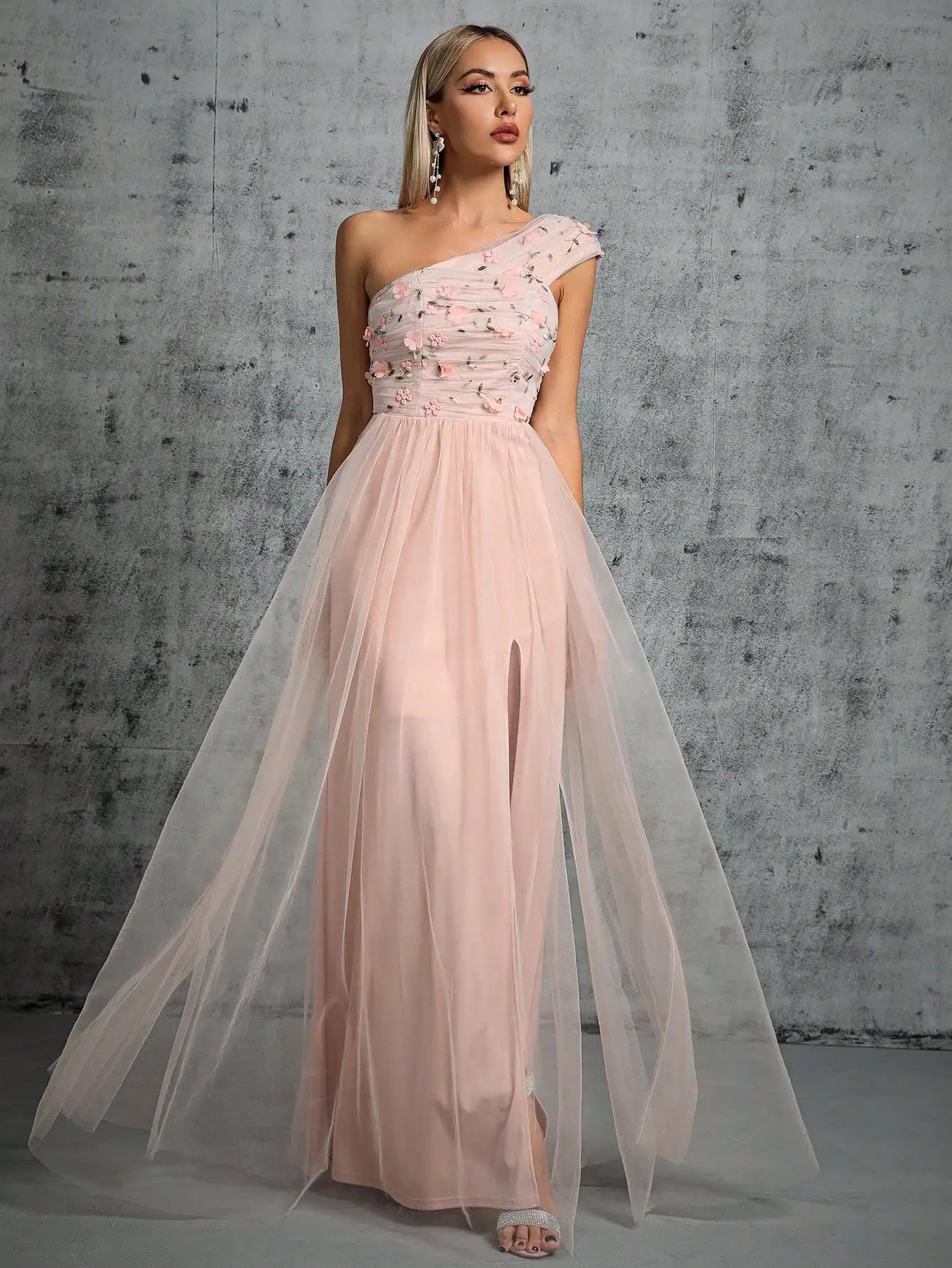Homecoming Dresses: One shoulder pleated embroidery slit A set of gauze evening