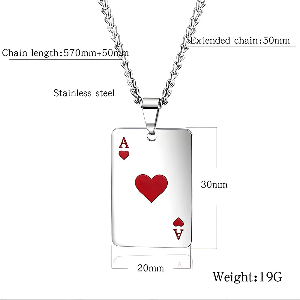 Hip Hop Stainless Steel Poker Card Ace of Spades Necklace For Men Pendant Chain Playing Cards Jewelry Ace of Hearts Necklaces