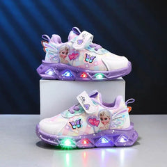 Disney LED Casual Sneakers For Spring Girls Frozen Elsa Princess Print Pu Leather Shoes