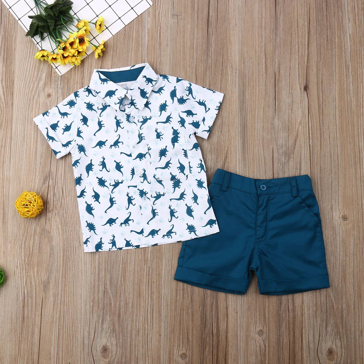 Summer Children Clothes Set Infant Cartoon Dinosaur Print Short Sleeve Shirt + Solid Color Shorts Kid Toddler Boys Outfit