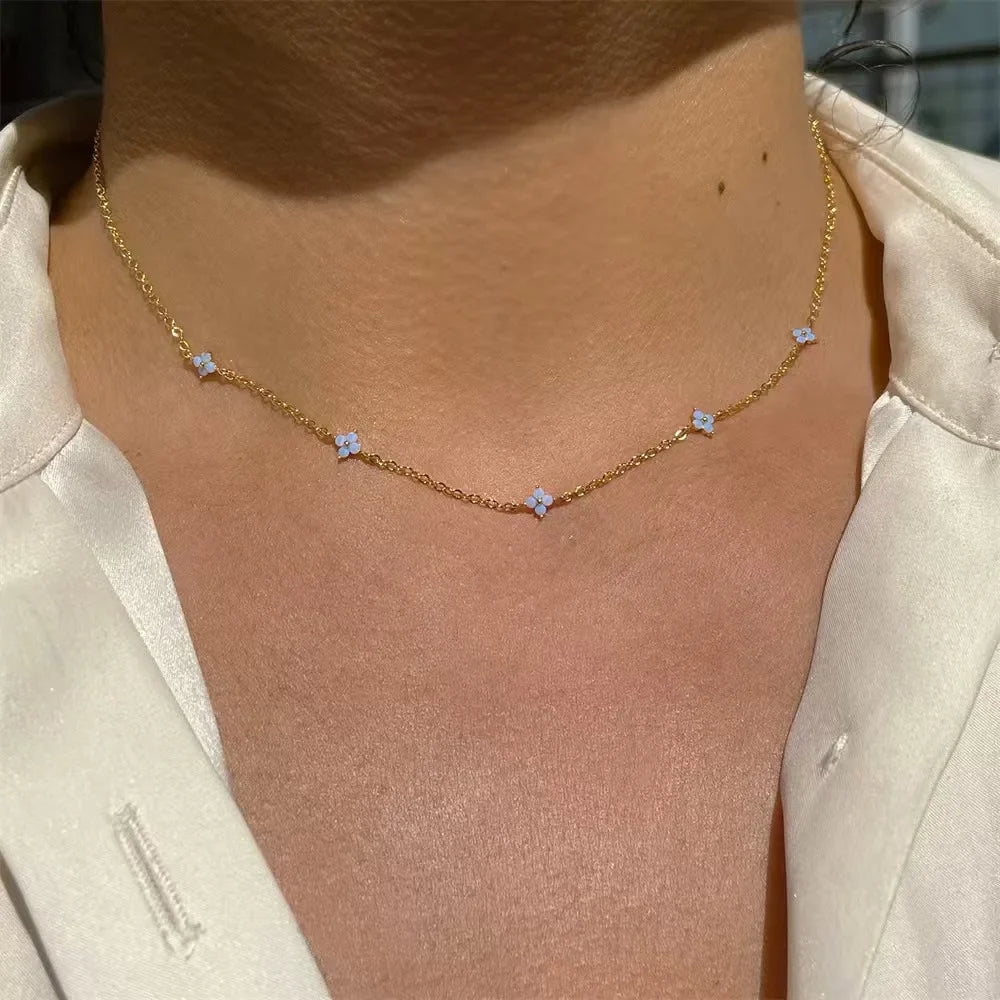 New Stainless Steel Zircon Necklaces for Women 18K Gold Plated Four Leaf Grass Collar Chain Necklace Luxury Jewelry Gift