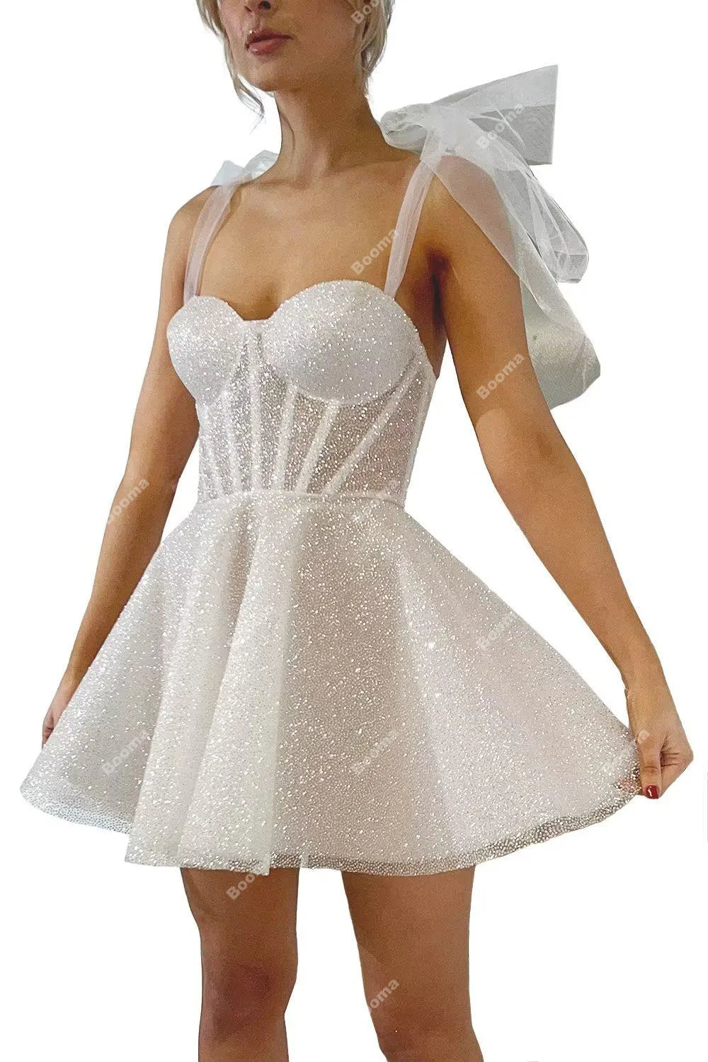 Booma Shiny A Line Mini Wedding Dresses Sweetheart Bow Straps Boning