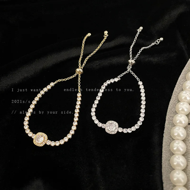 Full of Rhinestones Adjustable 18K Gold Plated Stainless Steel Bracelet For Women 2022 New Trendy Square Zircon Bracelet Jewelry