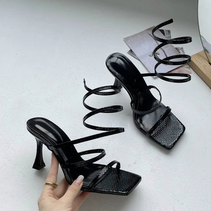 Women Sandals Sexy Cross Ankle Stiletto Heels Female Slides Narrow Band Party Ladies Shoes Square Toe High Heels Summer 2023
