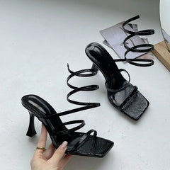 Women Sandals Cross Ankle Stiletto Heels Female Slides Narrow Band