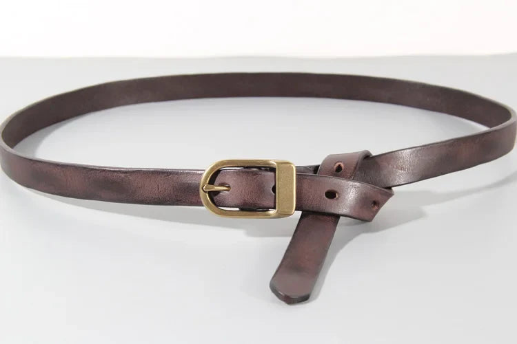 Retro Narrow Cowhide Women's Belt Pure Copper Button Top Cowhide All-match Casual Jeans Belt High Quality Luxury Women Belt