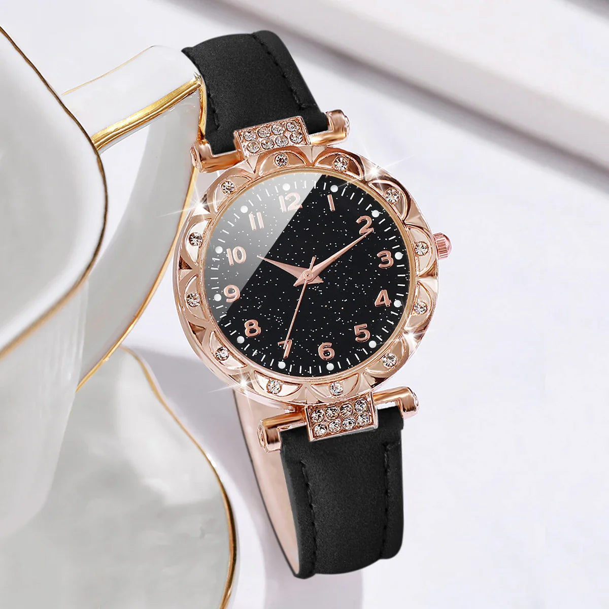 3PCS/Set Fashion Rhinestone Women's Watch Casual Leather Band Analog Quartz Watches Bracelets Set