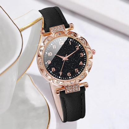 3PCS/Set Fashion Rhinestone Women's Watch Casual Leather Band Analog Quartz Watches Bracelets Set