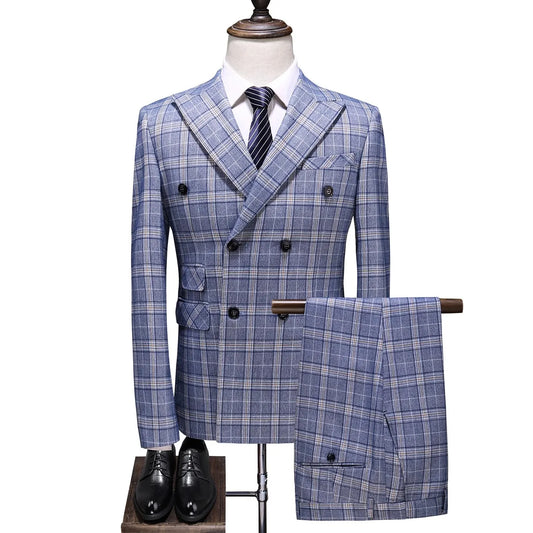 Tuxedo for Mens: Men Double Breasted Plaid Suit Coat Pants 2 Pcs Set