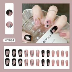 24pcs/box Mid length Ballerina Fake Nails Star Cat Eye French False Nails Full Cover