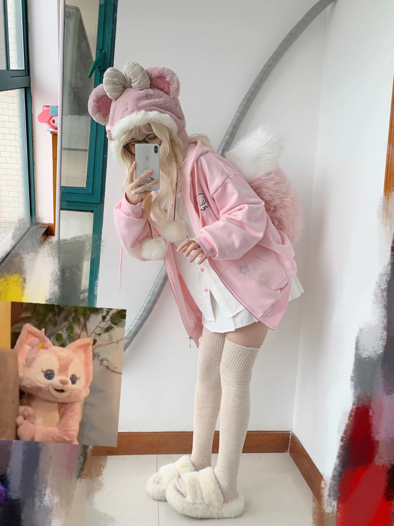 Harajuku Kawaii Pink Zip Up Hoodie Women Japanese Style Cute Cartoon