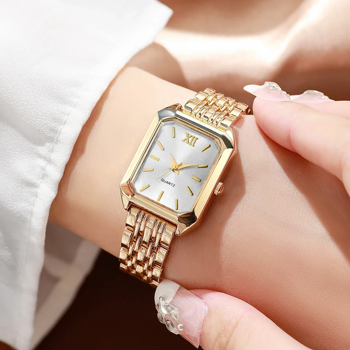 6pcs Elegant Rectangle Women Watches Heart Pendant Jewelry Set Ladies Quartz Wristwatch Reloj Mujer（Without Box）