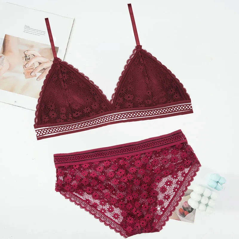 Women Lace Lingerie Sets Female No Steel Ring Bra Backless Underwear