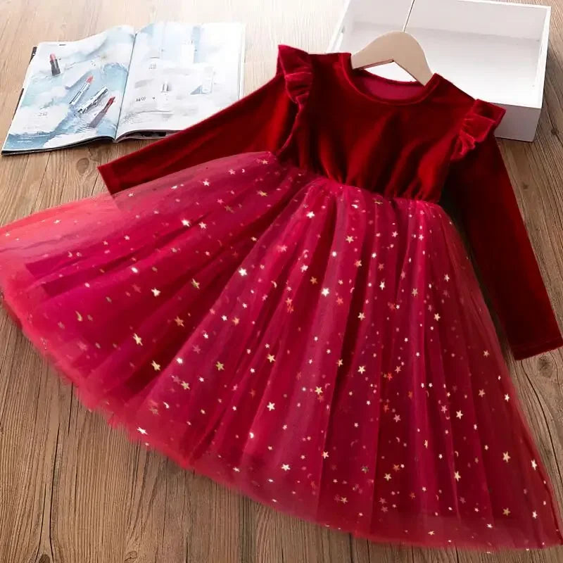 Red Christmas Dress for Baby Girls Winter Long Sleeve Mesh Dresses