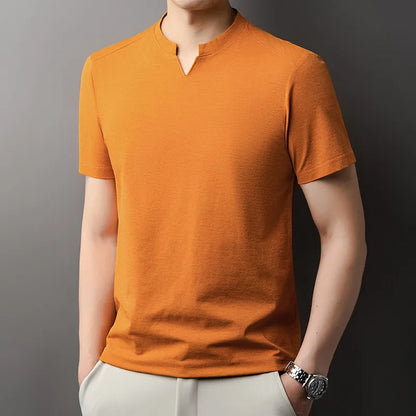 Korean Men's Casual and Fashionable Small V-neck Solid Color Short Sleeved T-shirt Comfortable Summer Versatile Top