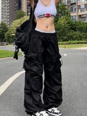 Y2K Parachute Black Pants Women Hippie Streetwear Oversize Pockets Cargo Trousers