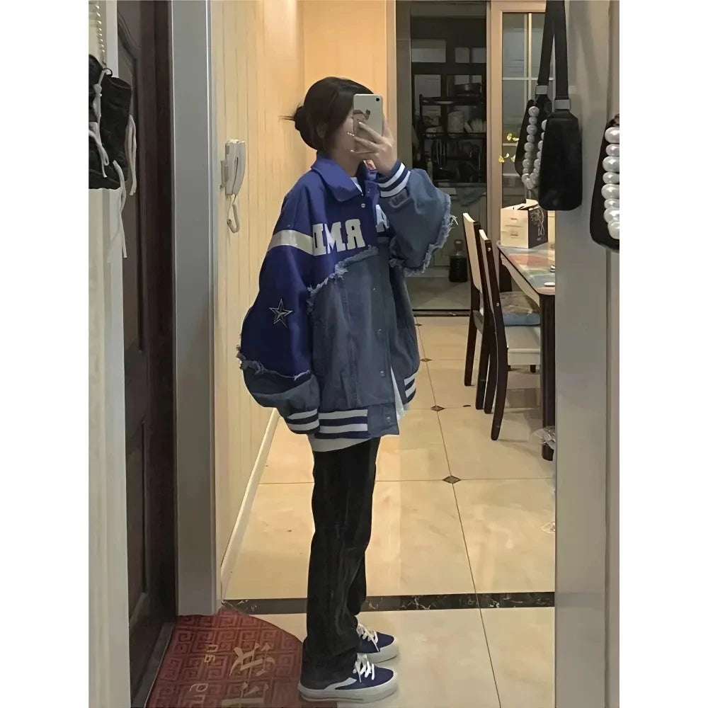 Vintage Denim Patchwork Jackets Men Letter Patch Varsity Jackets