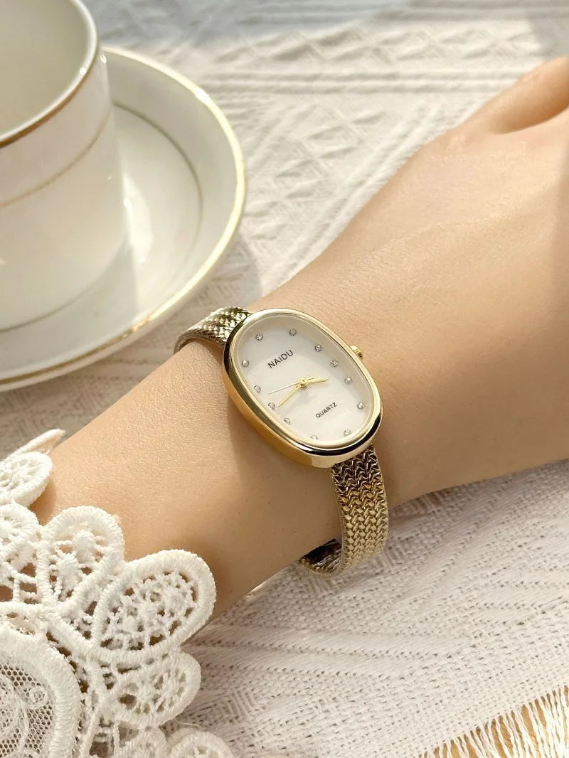 New Brand Quartz Watch for Women Luxury Gift Oval Dial Rhinestone Watch Adjustable Stainless Steel Strap Wristwatches Wholesale